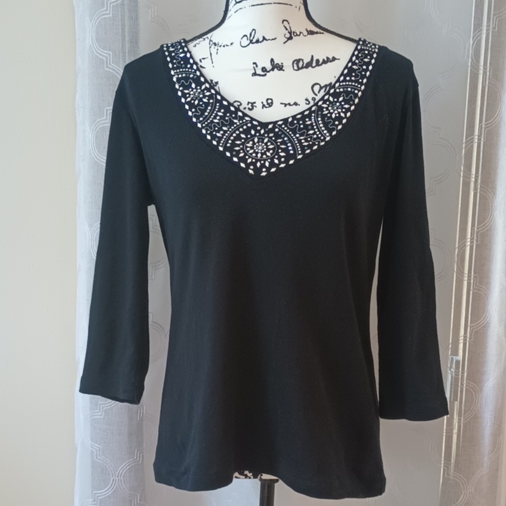 Karen Scott Black Top with White Embellishments